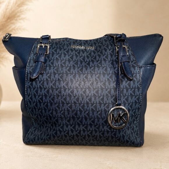 Michael Kors Handbags - Michael Kors Jet Set Travel Navy Signature MK Logo Tote Bag